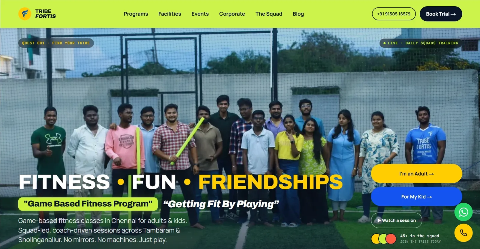 Tribe Fortis website home page with the Fitness, Fun, Friendships headline