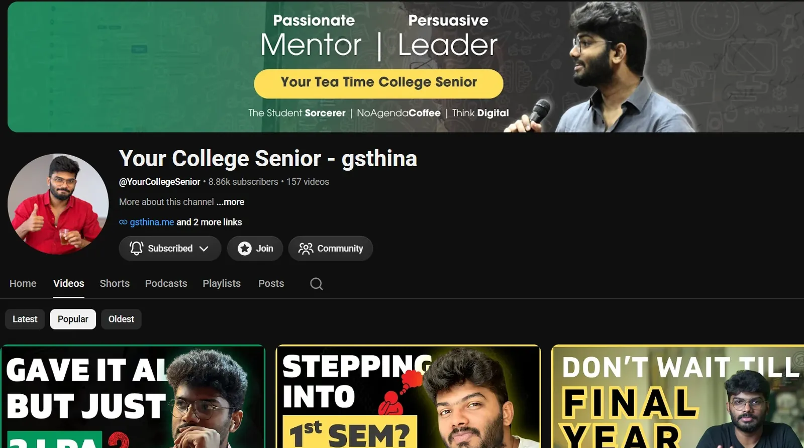 Your College Senior YouTube channel by G. Surendar Thina